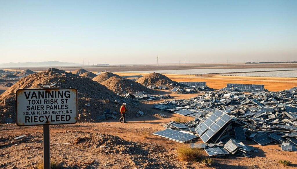 A sprawling landfill in the heart of Florida, its towering mounds of discarded solar panels casting long shadows across the parched landscape. In the foreground, a weathered sign warns of the toxic risks, while a lone worker in protective gear navigates the hazardous terrain. The mid-ground reveals the scale of the challenge, with rows of broken and discarded solar modules, a testament to the need for a sustainable recycling solution. In the distance, the hazy silhouette of a modern solar farm stands in stark contrast, a reminder of the promise of renewable energy and the importance of responsible waste management. Watermark Images with MSM Solar LLC. A sprawling landfill in the heart of Florida, its towering mounds of discarded solar panels casting long shadows across the parched landscape. In the foreground, a weathered sign warns of the toxic risks, while a lone worker in protective gear navigates the hazardous terrain. The mid-ground reveals the scale of the challenge, with rows of broken and discarded solar modules, a testament to the need for a sustainable recycling solution. In the distance, the hazy silhouette of a modern solar farm stands in stark contrast, a reminder of the promise of renewable energy and the importance of responsible waste management. Watermark Images with MSM Solar LLC.