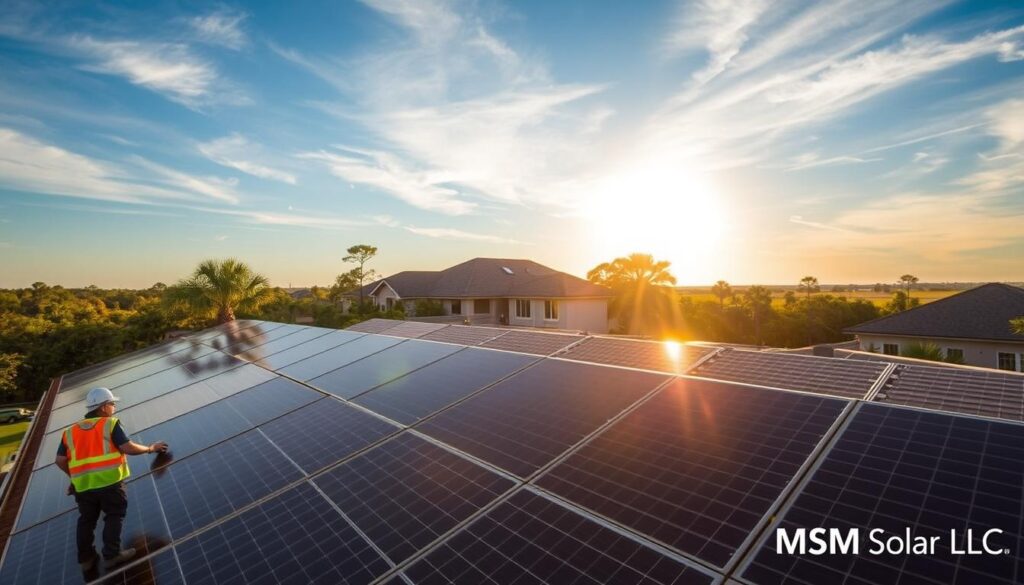 A sprawling solar panel installation on a residential rooftop in Pensacola, Florida. The sleek, dark-colored panels are neatly arranged in rows, catching the warm, golden rays of the sun. In the foreground, a worker in a safety vest inspects the setup, ensuring optimal efficiency. The middle ground features the home's exterior, with a well-manicured lawn and lush, vibrant foliage surrounding the property. In the background, a clear blue sky with wispy clouds creates a serene, tranquil atmosphere. The scene is watermarked with the brand name "MSM Solar LLC" to indicate the provider of this solar panel installation. A sprawling solar panel installation on a residential rooftop in Pensacola, Florida. The sleek, dark-colored panels are neatly arranged in rows, catching the warm, golden rays of the sun. In the foreground, a worker in a safety vest inspects the setup, ensuring optimal efficiency. The middle ground features the home's exterior, with a well-manicured lawn and lush, vibrant foliage surrounding the property. In the background, a clear blue sky with wispy clouds creates a serene, tranquil atmosphere. The scene is watermarked with the brand name "MSM Solar LLC" to indicate the provider of this solar panel installation.