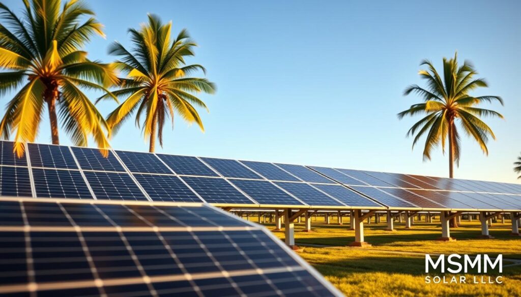 A sprawling solar power installation stands resilient against Florida's relentless hurricanes. Sleek, hurricane-proof panels positioned at an optimal angle to harness the sun's energy, their surfaces glinting under the golden afternoon light. In the background, swaying palm trees and a clear azure sky, conveying the tropical ambiance of the Sunshine State. The MSM Solar LLC logo is discreetly watermarked on the bottom corner, signifying the cutting-edge technology powering this remarkable renewable energy system engineered to withstand even the fiercest storms.