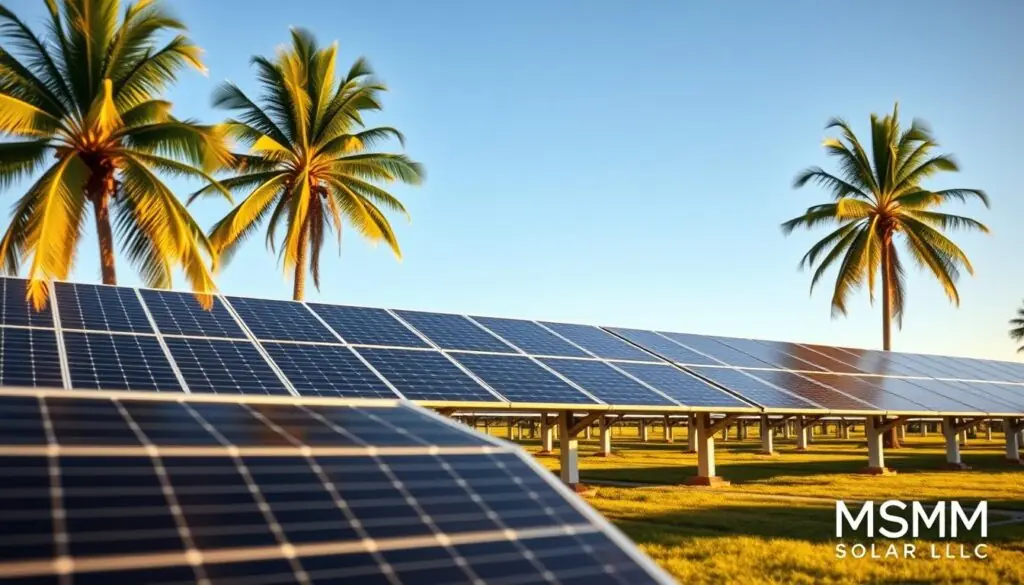 A sprawling solar power installation stands resilient against Florida's relentless hurricanes. Sleek, hurricane-proof panels positioned at an optimal angle to harness the sun's energy, their surfaces glinting under the golden afternoon light. In the background, swaying palm trees and a clear azure sky, conveying the tropical ambiance of the Sunshine State. The MSM Solar LLC logo is discreetly watermarked on the bottom corner, signifying the cutting-edge technology powering this remarkable renewable energy system engineered to withstand even the fiercest storms. A sprawling solar power installation stands resilient against Florida's relentless hurricanes. Sleek, hurricane-proof panels positioned at an optimal angle to harness the sun's energy, their surfaces glinting under the golden afternoon light. In the background, swaying palm trees and a clear azure sky, conveying the tropical ambiance of the Sunshine State. The MSM Solar LLC logo is discreetly watermarked on the bottom corner, signifying the cutting-edge technology powering this remarkable renewable energy system engineered to withstand even the fiercest storms.