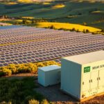 A sprawling solar power plant nestled in a lush, rolling landscape, its vast array of gleaming panels catching the sun's rays and converting them into clean, renewable energy. In the foreground, a state-of-the-art battery storage system, its sleek and modern design housing the essential components that store and distribute this abundant power. The scene is bathed in warm, golden light, casting long shadows and highlighting the technological marvels that work in harmony to bring energy independence to the Crestview community. The MSM Solar LLC logo is prominently displayed, a testament to the company's commitment to sustainable solutions.