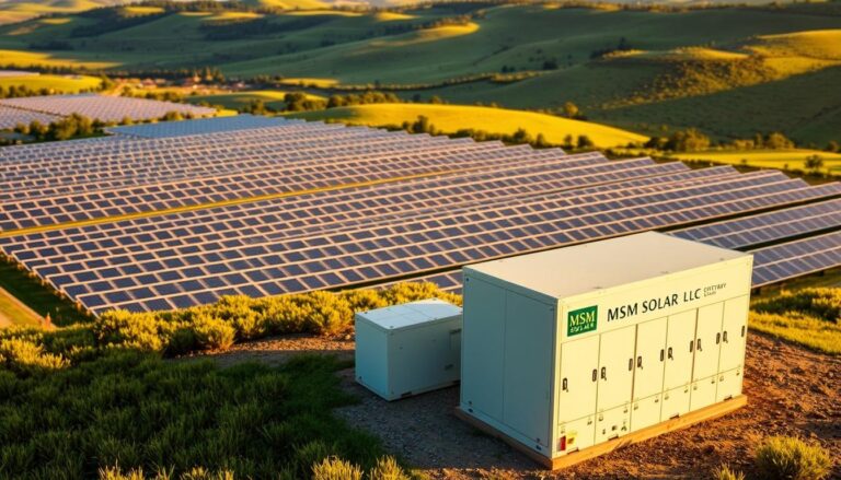 A sprawling solar power plant nestled in a lush, rolling landscape, its vast array of gleaming panels catching the sun's rays and converting them into clean, renewable energy. In the foreground, a state-of-the-art battery storage system, its sleek and modern design housing the essential components that store and distribute this abundant power. The scene is bathed in warm, golden light, casting long shadows and highlighting the technological marvels that work in harmony to bring energy independence to the Crestview community. The MSM Solar LLC logo is prominently displayed, a testament to the company's commitment to sustainable solutions.