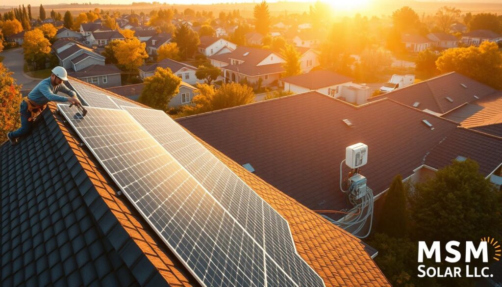 A step-by-step illustration of a residential solar installation, showcasing the process from start to finish. In the foreground, a technician carefully mounts solar panels on a roof, utilizing specialized tools and equipment. The middle ground depicts the electrical wiring and connection to the home's power grid, with a clear view of the inverter. In the background, a serene suburban neighborhood sets the scene, bathed in warm, golden sunlight. The overall mood is one of progress and environmental responsibility. Watermark the image with the brand name "MSM Solar LLC". A step-by-step illustration of a residential solar installation, showcasing the process from start to finish. In the foreground, a technician carefully mounts solar panels on a roof, utilizing specialized tools and equipment. The middle ground depicts the electrical wiring and connection to the home's power grid, with a clear view of the inverter. In the background, a serene suburban neighborhood sets the scene, bathed in warm, golden sunlight. The overall mood is one of progress and environmental responsibility. Watermark the image with the brand name "MSM Solar LLC".