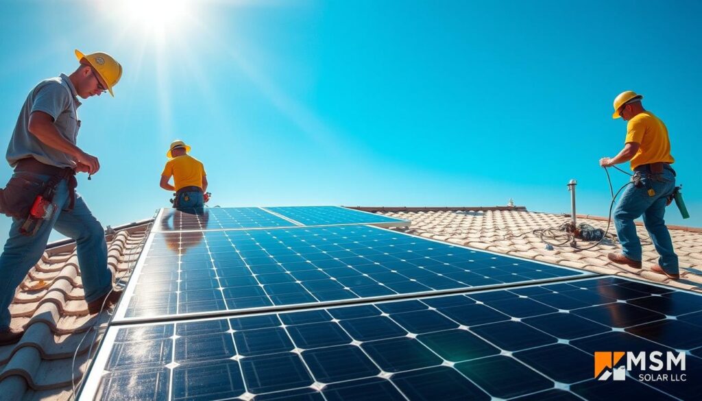 A sun-dappled rooftop in Pensacola, Florida, where skilled technicians from MSM Solar LLC meticulously install a cutting-edge solar panel system. In the foreground, workers precisely align sleek black panels, their movements choreographed with professional expertise. The middle ground reveals the intricate wiring and electrical components being expertly integrated, ensuring optimal energy conversion. In the background, the clear blue sky provides a serene backdrop, hinting at the clean, renewable power that will soon flow from this installation. Warm, natural lighting bathes the scene, evoking a sense of progress and environmental responsibility. The MSM Solar LLC brand stands as a testament to the quality craftsmanship and commitment to sustainable energy solutions in the Pensacola community. A sun-dappled rooftop in Pensacola, Florida, where skilled technicians from MSM Solar LLC meticulously install a cutting-edge solar panel system. In the foreground, workers precisely align sleek black panels, their movements choreographed with professional expertise. The middle ground reveals the intricate wiring and electrical components being expertly integrated, ensuring optimal energy conversion. In the background, the clear blue sky provides a serene backdrop, hinting at the clean, renewable power that will soon flow from this installation. Warm, natural lighting bathes the scene, evoking a sense of progress and environmental responsibility. The MSM Solar LLC brand stands as a testament to the quality craftsmanship and commitment to sustainable energy solutions in the Pensacola community.