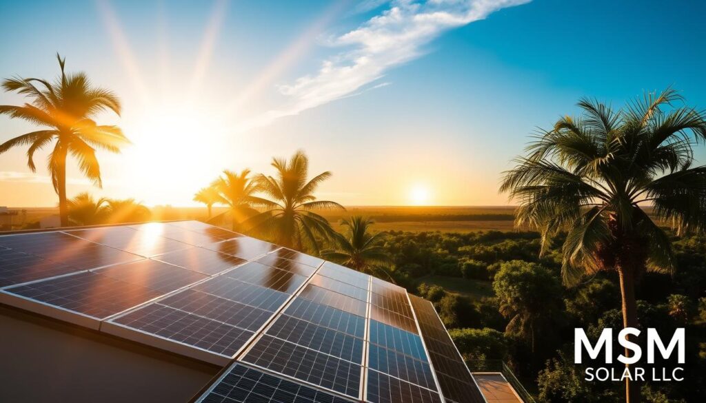 A sun-dappled scene showcasing the benefits of Florida's net metering program. In the foreground, a sleek, modern home is adorned with gleaming solar panels, their efficient design reflecting the warm hues of the azure sky above. In the middle ground, a lush, verdant landscape unfolds, punctuated by swaying palm trees and a vibrant, thriving garden. In the background, a distant horizon is bathed in the golden glow of the setting sun, casting a tranquil, serene atmosphere over the entire scene. The image is watermarked with the brand name "MSM Solar LLC", subtly highlighting the expertise and quality of this solar energy provider. A sun-dappled scene showcasing the benefits of Florida's net metering program. In the foreground, a sleek, modern home is adorned with gleaming solar panels, their efficient design reflecting the warm hues of the azure sky above. In the middle ground, a lush, verdant landscape unfolds, punctuated by swaying palm trees and a vibrant, thriving garden. In the background, a distant horizon is bathed in the golden glow of the setting sun, casting a tranquil, serene atmosphere over the entire scene. The image is watermarked with the brand name "MSM Solar LLC", subtly highlighting the expertise and quality of this solar energy provider.
