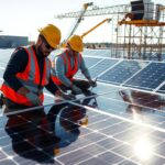 A sun-dappled solar panel array, technicians in safety gear meticulously inspecting each panel, maintaining the MSM Solar LLC system for peak efficiency. Cranes and scaffolding in the background, as they carefully clean and adjust the solar modules. Bright daylight illuminates the scene, casting long shadows across the rooftop. The technicians' expressions exude diligence and care, ensuring the long-term protection of this renewable energy investment. The overall mood is one of professionalism and dedication to safeguarding the solar power system.