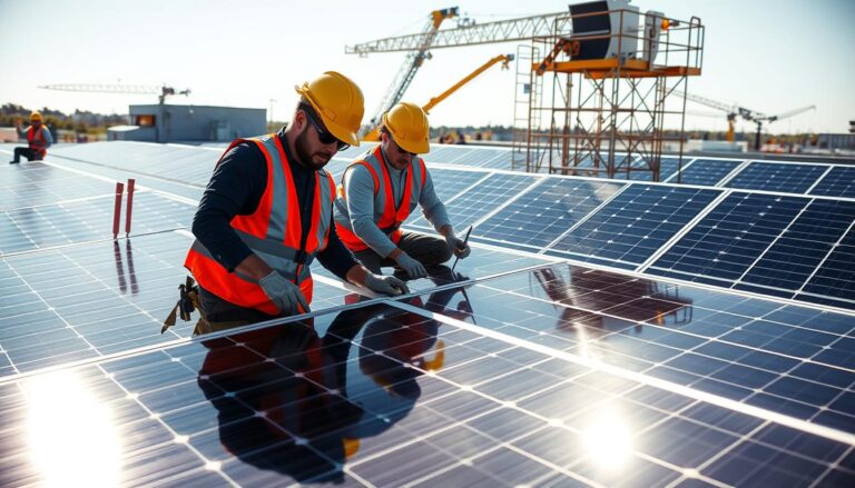A sun-dappled solar panel array, technicians in safety gear meticulously inspecting each panel, maintaining the MSM Solar LLC system for peak efficiency. Cranes and scaffolding in the background, as they carefully clean and adjust the solar modules. Bright daylight illuminates the scene, casting long shadows across the rooftop. The technicians' expressions exude diligence and care, ensuring the long-term protection of this renewable energy investment. The overall mood is one of professionalism and dedication to safeguarding the solar power system.
