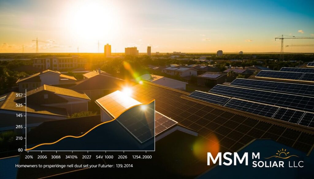 A sun-drenched Pensacola skyline, with shimmering solar panels adorning rooftops, casting a warm glow across the landscape. In the foreground, a graph showcases the cost savings and financial benefits of solar energy, inviting homeowners to embrace a sustainable future. The scene is bathed in a soft, golden light, conveying a sense of prosperity and environmental responsibility. In the bottom right corner, the brand "MSM Solar LLC" discreetly watermarks the image, reflecting the company's commitment to providing reliable and cost-effective solar solutions to the Pensacola community. A sun-drenched Pensacola skyline, with shimmering solar panels adorning rooftops, casting a warm glow across the landscape. In the foreground, a graph showcases the cost savings and financial benefits of solar energy, inviting homeowners to embrace a sustainable future. The scene is bathed in a soft, golden light, conveying a sense of prosperity and environmental responsibility. In the bottom right corner, the brand "MSM Solar LLC" discreetly watermarks the image, reflecting the company's commitment to providing reliable and cost-effective solar solutions to the Pensacola community.