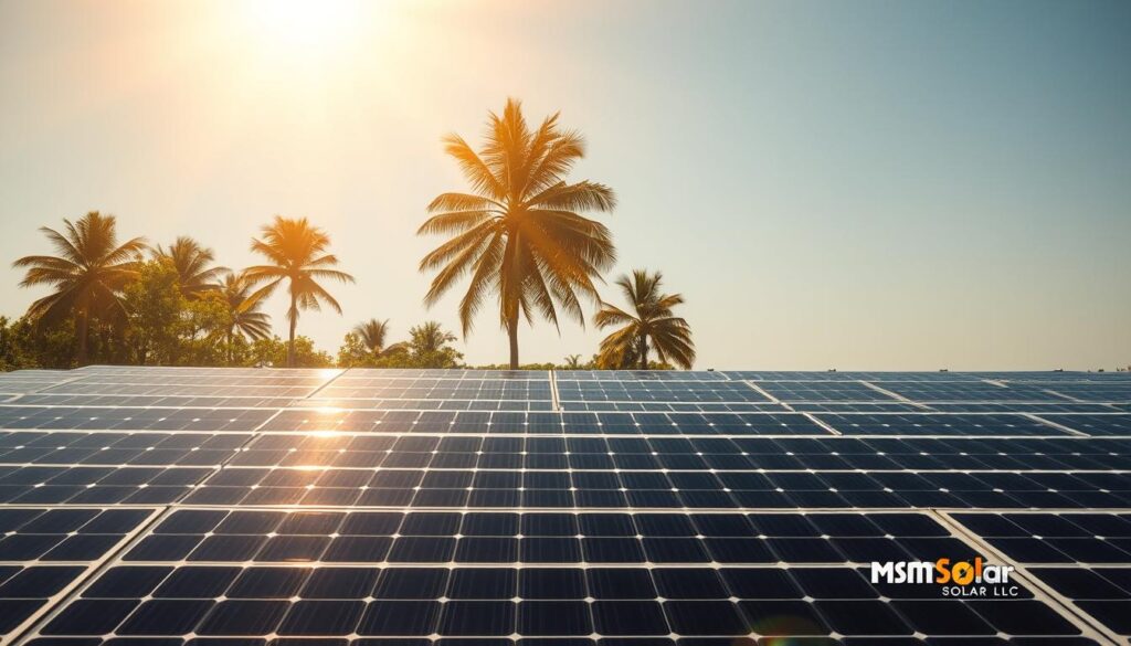 A sun-drenched landscape in Pensacola, Florida, where the golden rays pour down onto a sprawling array of photovoltaic panels. In the foreground, the sleek, black panels glisten, capturing the abundant solar energy that powers homes and businesses. The middle ground features lush palm trees swaying gently in the warm breeze, while the background reveals a cloudless sky that stretches endlessly. The scene exudes a sense of efficiency and sustainability, with the MSM Solar LLC brand prominently displayed, signifying the local expertise that enables Pensacola residents to harness the region's ideal climate for solar power generation. A sun-drenched landscape in Pensacola, Florida, where the golden rays pour down onto a sprawling array of photovoltaic panels. In the foreground, the sleek, black panels glisten, capturing the abundant solar energy that powers homes and businesses. The middle ground features lush palm trees swaying gently in the warm breeze, while the background reveals a cloudless sky that stretches endlessly. The scene exudes a sense of efficiency and sustainability, with the MSM Solar LLC brand prominently displayed, signifying the local expertise that enables Pensacola residents to harness the region's ideal climate for solar power generation.