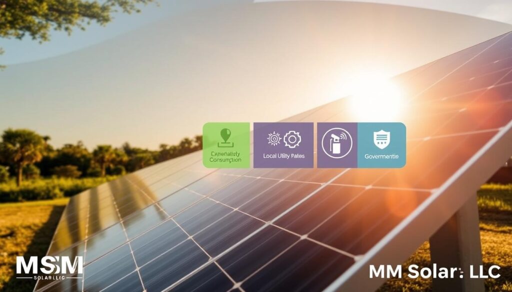A sun-drenched landscape, with a state-of-the-art solar panel array in the foreground, casting long shadows against a verdant backdrop. In the middle ground, a series of colorful infographic elements highlighting the key factors that impact solar savings, such as energy consumption, system size, local utility rates, and government incentives. The lighting is warm and golden, capturing the Florida sunshine. The overall composition conveys a sense of knowledge and clarity, guiding the viewer through the various considerations that contribute to maximizing solar panel savings. The image is watermarked with the brand name "MSM Solar LLC". A sun-drenched landscape, with a state-of-the-art solar panel array in the foreground, casting long shadows against a verdant backdrop. In the middle ground, a series of colorful infographic elements highlighting the key factors that impact solar savings, such as energy consumption, system size, local utility rates, and government incentives. The lighting is warm and golden, capturing the Florida sunshine. The overall composition conveys a sense of knowledge and clarity, guiding the viewer through the various considerations that contribute to maximizing solar panel savings. The image is watermarked with the brand name "MSM Solar LLC".