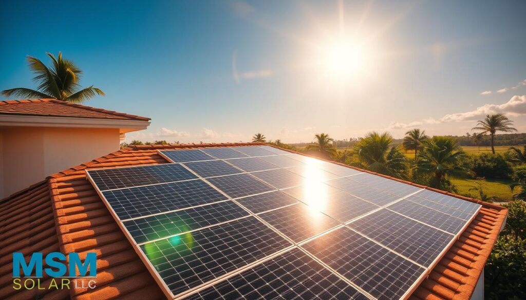 A sun-drenched rooftop in Florida, solar panels meticulously angled to capture the optimal sunlight. In the foreground, a sleek modern home, its facade bathed in warm hues. In the middle ground, a grid of precisely positioned panels, their surfaces gleaming under the midday sun. The background showcases a lush, verdant landscape, with palm trees swaying gently in the breeze. The scene is infused with a sense of energy and efficiency, highlighting the importance of solar power in the Sunshine State. Watermark the image with the brand name "MSM Solar LLC".