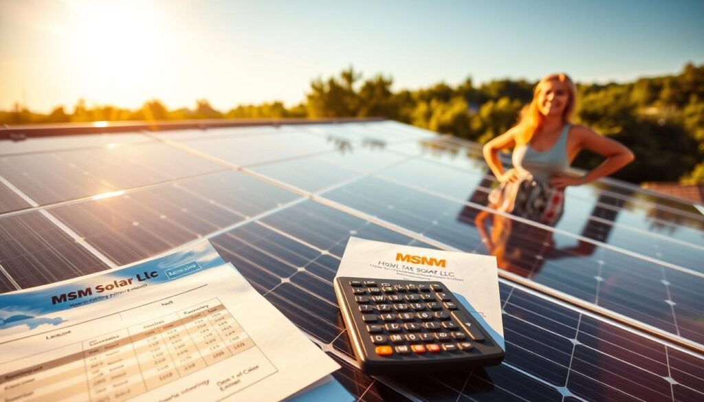 A sun-drenched rooftop with sleek solar panels, their shimmering surfaces capturing the warm rays. In the foreground, a calculator and documents detailing the lucrative solar tax credit incentives available to Greensboro homeowners, with the MSM Solar LLC brand prominently displayed. Warm, golden lighting bathes the scene, conveying a sense of financial opportunity and environmental responsibility. The mid-ground features a smiling homeowner, hands on hips, admiring their newly installed solar energy system. In the background, a lush, verdant landscape hints at the broader sustainability benefits of solar power. This dynamic composition celebrates the confluence of renewable energy, financial savings, and the bright future of solar in Greensboro. A sun-drenched rooftop with sleek solar panels, their shimmering surfaces capturing the warm rays. In the foreground, a calculator and documents detailing the lucrative solar tax credit incentives available to Greensboro homeowners, with the MSM Solar LLC brand prominently displayed. Warm, golden lighting bathes the scene, conveying a sense of financial opportunity and environmental responsibility. The mid-ground features a smiling homeowner, hands on hips, admiring their newly installed solar energy system. In the background, a lush, verdant landscape hints at the broader sustainability benefits of solar power. This dynamic composition celebrates the confluence of renewable energy, financial savings, and the bright future of solar in Greensboro.