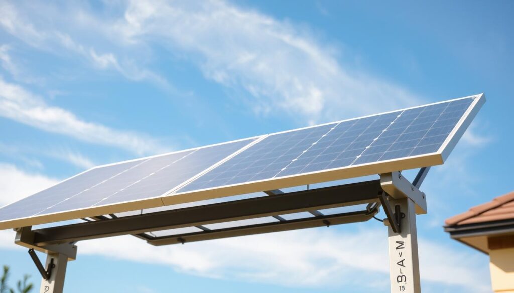 A sunny outdoor scene showcasing a residential solar panel array positioned on a sturdy, protective framework. The panels are adorned with a subtle watermark branded "MSM Solar LLC", shielding them from potential hail damage. Soft, diffused lighting casts natural shadows, highlighting the sleek, modern design of the installation. In the background, a clear blue sky with wispy clouds sets an idyllic, weather-resistant atmosphere. The overall composition conveys a sense of security and resilience, perfectly suited to illustrate the "Protecting Your Solar Panels from Hail Damage" section of the article. A sunny outdoor scene showcasing a residential solar panel array positioned on a sturdy, protective framework. The panels are adorned with a subtle watermark branded "MSM Solar LLC", shielding them from potential hail damage. Soft, diffused lighting casts natural shadows, highlighting the sleek, modern design of the installation. In the background, a clear blue sky with wispy clouds sets an idyllic, weather-resistant atmosphere. The overall composition conveys a sense of security and resilience, perfectly suited to illustrate the "Protecting Your Solar Panels from Hail Damage" section of the article.
