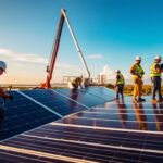 A team of skilled solar installation technicians at work on a residential rooftop in Pensacola, Florida. In the foreground, workers carefully mount solar panels, using specialized tools and safety equipment. The middle ground features a crane lifting heavy equipment, while the background showcases the vibrant Florida skyline. Warm, natural lighting illuminates the scene, creating a sense of efficiency and professionalism. The resulting image is watermarked with the brand name "MSM Solar LLC", reflecting the company's expertise in solar energy solutions for the Pensacola community.