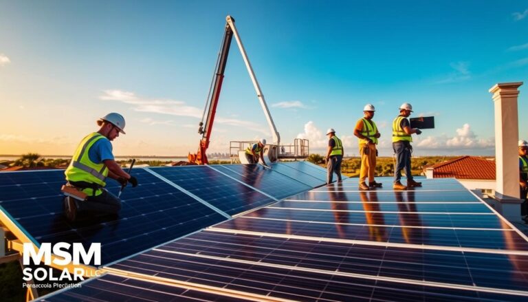 A team of skilled solar installation technicians at work on a residential rooftop in Pensacola, Florida. In the foreground, workers carefully mount solar panels, using specialized tools and safety equipment. The middle ground features a crane lifting heavy equipment, while the background showcases the vibrant Florida skyline. Warm, natural lighting illuminates the scene, creating a sense of efficiency and professionalism. The resulting image is watermarked with the brand name "MSM Solar LLC", reflecting the company's expertise in solar energy solutions for the Pensacola community.