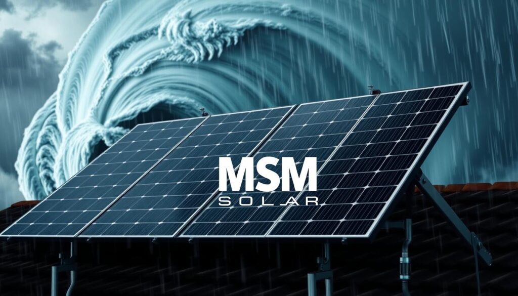 A technologically advanced solar power system stands strong against the raging winds and torrential rains of a Florida hurricane. The sturdy, waterproof panels are engineered to withstand the most intense weather conditions, their sleek black surfaces gleaming under the dramatic, moody lighting. In the foreground, the "MSM Solar LLC" logo is boldly displayed, conveying the reliability and quality of this resilient solar technology. The middle ground showcases the panels' durable construction, anchored securely to the rooftop, while the background depicts the ominous, swirling clouds and lashing rain, emphasizing the solar system's unwavering resilience. This image encapsulates the solar panels' ability to weather even the most ferocious Florida storms, providing reliable, uninterrupted power generation.
