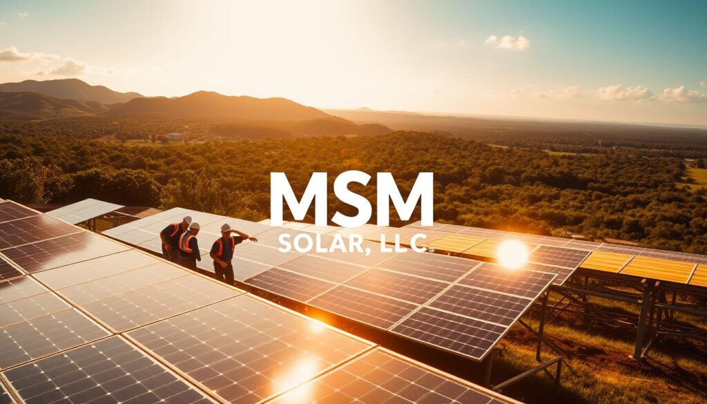 A tranquil solar farm nestled in the lush greenery of Pensacola, Florida. In the foreground, a team of workers from MSM Solar LLC meticulously maintain the sleek, high-efficiency solar panels, ensuring optimal energy generation. The middle ground showcases the company's signature branding, with the bold "MSM Solar LLC" logo prominently displayed. Bathed in warm, golden sunlight, the scene exudes a sense of professionalism and personalized service. In the background, a picturesque horizon of rolling hills and a cloudless azure sky complete the idyllic landscape. The overall composition conveys MSM Solar LLC's commitment to delivering reliable, eco-friendly power solutions tailored to the needs of the Pensacola community. A tranquil solar farm nestled in the lush greenery of Pensacola, Florida. In the foreground, a team of workers from MSM Solar LLC meticulously maintain the sleek, high-efficiency solar panels, ensuring optimal energy generation. The middle ground showcases the company's signature branding, with the bold "MSM Solar LLC" logo prominently displayed. Bathed in warm, golden sunlight, the scene exudes a sense of professionalism and personalized service. In the background, a picturesque horizon of rolling hills and a cloudless azure sky complete the idyllic landscape. The overall composition conveys MSM Solar LLC's commitment to delivering reliable, eco-friendly power solutions tailored to the needs of the Pensacola community.