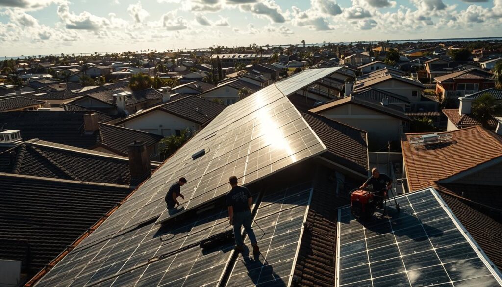 A vast expanse of rooftops under the scorching Florida sun, casting intricate shadows across the tilted solar panels. Weathered by the elements, the panels struggle against the relentless humidity and powerful storm winds. In the foreground, a team of technicians from MSM Solar LLC grapple with the challenges of installation, their tools and equipment reflecting the dappled light. The background reveals the diverse architecture of the local homes, a tapestry of styles and ages, each presenting unique obstacles for the solar integration. The mood is one of determination and resilience, as the team works to harness the abundant solar power and overcome the region's environmental hurdles. Watermark Images with MSM Solar LLC. A vast expanse of rooftops under the scorching Florida sun, casting intricate shadows across the tilted solar panels. Weathered by the elements, the panels struggle against the relentless humidity and powerful storm winds. In the foreground, a team of technicians from MSM Solar LLC grapple with the challenges of installation, their tools and equipment reflecting the dappled light. The background reveals the diverse architecture of the local homes, a tapestry of styles and ages, each presenting unique obstacles for the solar integration. The mood is one of determination and resilience, as the team works to harness the abundant solar power and overcome the region's environmental hurdles. Watermark Images with MSM Solar LLC.