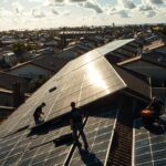 A vast expanse of rooftops under the scorching Florida sun, casting intricate shadows across the tilted solar panels. Weathered by the elements, the panels struggle against the relentless humidity and powerful storm winds. In the foreground, a team of technicians from MSM Solar LLC grapple with the challenges of installation, their tools and equipment reflecting the dappled light. The background reveals the diverse architecture of the local homes, a tapestry of styles and ages, each presenting unique obstacles for the solar integration. The mood is one of determination and resilience, as the team works to harness the abundant solar power and overcome the region's environmental hurdles. Watermark Images with MSM Solar LLC.