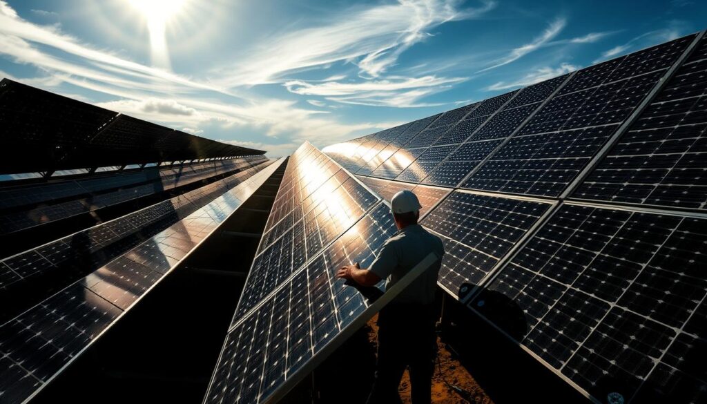 A vast solar array, each panel meticulously angled to catch the sun's rays at the optimal degree. The installation stands tall, its sleek black frames and gleaming solar cells casting dynamic shadows across the ground. Sunlight filters through wispy clouds, creating a dramatic interplay of light and shadow. In the foreground, a panel is being adjusted, the worker's silhouette highlighting the careful precision required. The scene is imbued with a sense of technological innovation and environmental stewardship. Watermark Images with MSM Solar LLC. A vast solar array, each panel meticulously angled to catch the sun's rays at the optimal degree. The installation stands tall, its sleek black frames and gleaming solar cells casting dynamic shadows across the ground. Sunlight filters through wispy clouds, creating a dramatic interplay of light and shadow. In the foreground, a panel is being adjusted, the worker's silhouette highlighting the careful precision required. The scene is imbued with a sense of technological innovation and environmental stewardship. Watermark Images with MSM Solar LLC.