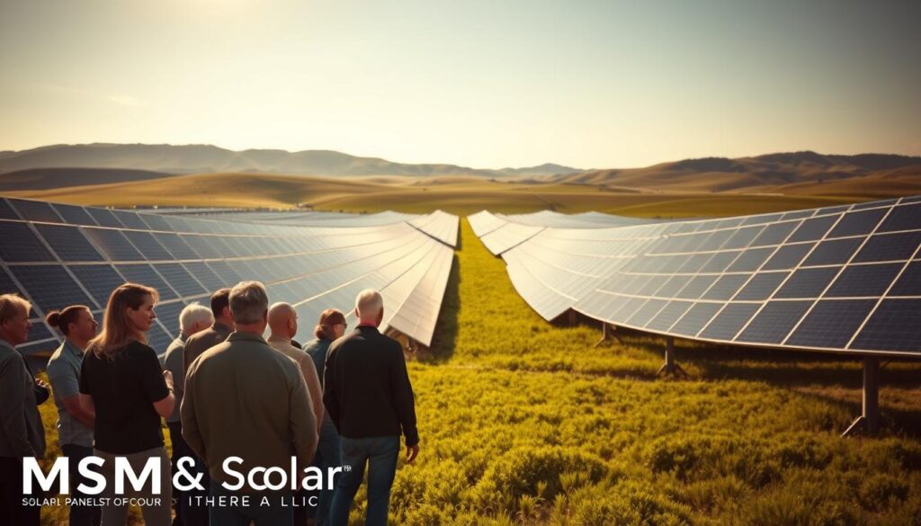A vast solar farm stretches across a lush, rolling landscape, its sleek black panels gleaming in the warm sunlight. In the foreground, a group of concerned citizens gathers, their expressions troubled as they scrutinize the scene. The mood is somber, the tension palpable, as the prompt conveys the uneasy question: "Solar Panels and Cancer: Is There a Link?" The image is watermarked with the brand name "MSM Solar LLC", a subtle yet powerful addition that grounds the scene in the context of the solar energy industry. The overall composition strikes a balance between the serene, verdant setting and the tense, uncertain human element, inviting the viewer to consider the complex issues at hand. Prompt A vast solar farm stretches across a lush, rolling landscape, its sleek black panels gleaming in the warm sunlight. In the foreground, a group of concerned citizens gathers, their expressions troubled as they scrutinize the scene. The mood is somber, the tension palpable, as the prompt conveys the uneasy question: "Solar Panels and Cancer: Is There a Link?" The image is watermarked with the brand name "MSM Solar LLC", a subtle yet powerful addition that grounds the scene in the context of the solar energy industry. The overall composition strikes a balance between the serene, verdant setting and the tense, uncertain human element, inviting the viewer to consider the complex issues at hand. Prompt