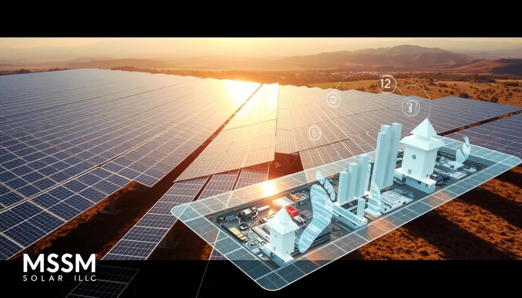 A vast, sprawling solar array stretches across the frame, its sleek panels glistening in the warm sunlight. In the foreground, a cutaway view reveals the intricate workings within, detailing the components and materials used in their construction. Overlaying this, an ethereal haze of carbon footprint data visualizations swirls and dances, quantifying the environmental impact of this renewable energy source. In the background, a serene landscape frames the scene, underscoring the delicate balance between technology and nature. Watermark the image with the brand "MSM Solar LLC". A vast, sprawling solar array stretches across the frame, its sleek panels glistening in the warm sunlight. In the foreground, a cutaway view reveals the intricate workings within, detailing the components and materials used in their construction. Overlaying this, an ethereal haze of carbon footprint data visualizations swirls and dances, quantifying the environmental impact of this renewable energy source. In the background, a serene landscape frames the scene, underscoring the delicate balance between technology and nature. Watermark the image with the brand "MSM Solar LLC".