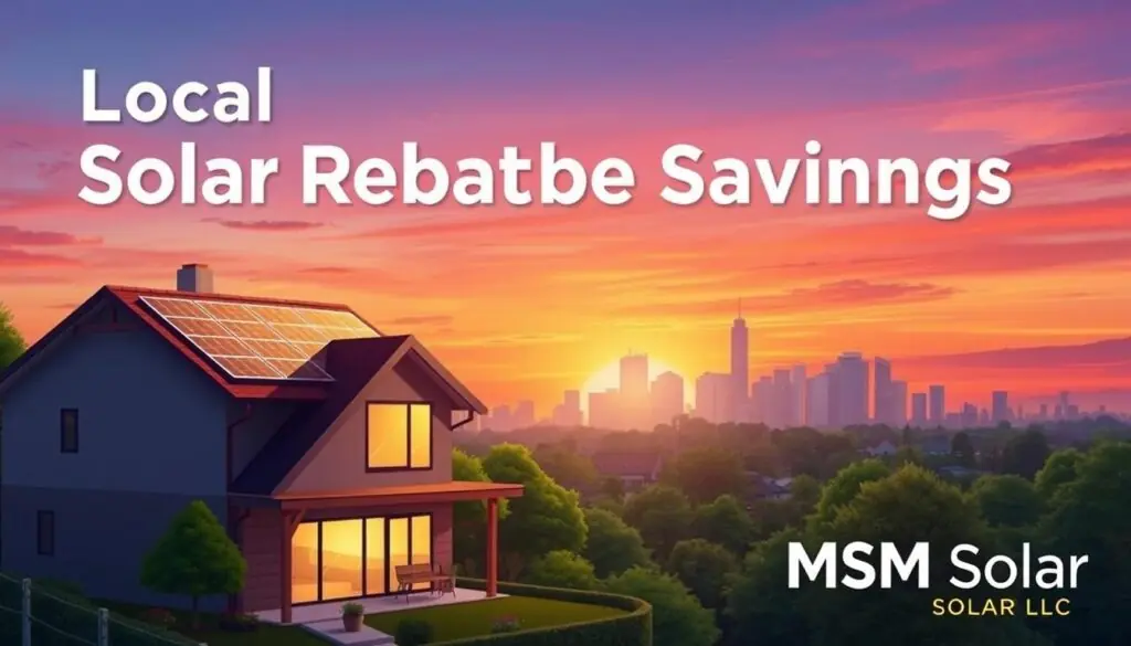 A vibrant digital illustration of local solar rebate savings. The foreground features a modern family home with solar panels on the roof, casting a warm glow. In the middle ground, a city skyline with skyscrapers and trees is visible, symbolizing the urban setting. The background showcases a sunset sky with hues of orange and purple, creating a serene atmosphere. The image is watermarked with the brand name "MSM Solar LLC" in the lower right corner, emphasizing the company's involvement in local solar incentives. The overall scene conveys the financial benefits and environmental impact of adopting solar power at the community level. A vibrant digital illustration of local solar rebate savings. The foreground features a modern family home with solar panels on the roof, casting a warm glow. In the middle ground, a city skyline with skyscrapers and trees is visible, symbolizing the urban setting. The background showcases a sunset sky with hues of orange and purple, creating a serene atmosphere. The image is watermarked with the brand name "MSM Solar LLC" in the lower right corner, emphasizing the company's involvement in local solar incentives. The overall scene conveys the financial benefits and environmental impact of adopting solar power at the community level.