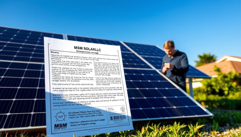 A vibrant solar panel array set against a clear blue sky, casting intricate shadows on the ground. In the foreground, a detailed warranty document from MSM Solar LLC, its contents legible and inviting. The middle ground showcases a homeowner examining the panel, their face reflecting the confidence in the comprehensive coverage. In the background, lush vegetation and a hint of a residential rooftop, conveying the integration of renewable energy into a thriving, sustainable environment. The scene is illuminated by warm, natural lighting, instilling a sense of security and reliability in the solar investment.
