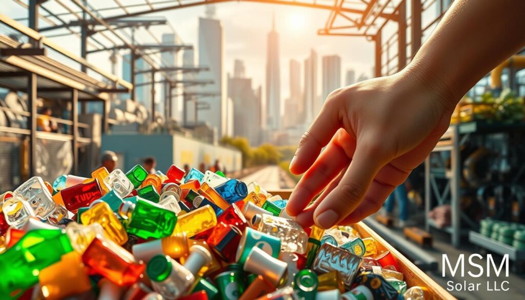 A vibrant, well-balanced composition depicting the economic benefits of recycling. In the foreground, a hand carefully sorting through colorful recyclable materials like glass, plastic, and metal, with a sense of purpose and care. The midground showcases a sleek, modern recycling plant buzzing with activity, workers operating machinery and conveyor belts. In the background, a cityscape with towering skyscrapers and lush greenery, symbolizing the sustainable prosperity achieved through effective recycling initiatives. Warm, natural lighting illuminates the scene, casting a hopeful glow. The image is discreetly watermarked with "MSM Solar LLC" in the lower right corner. A vibrant, well-balanced composition depicting the economic benefits of recycling. In the foreground, a hand carefully sorting through colorful recyclable materials like glass, plastic, and metal, with a sense of purpose and care. The midground showcases a sleek, modern recycling plant buzzing with activity, workers operating machinery and conveyor belts. In the background, a cityscape with towering skyscrapers and lush greenery, symbolizing the sustainable prosperity achieved through effective recycling initiatives. Warm, natural lighting illuminates the scene, casting a hopeful glow. The image is discreetly watermarked with "MSM Solar LLC" in the lower right corner.