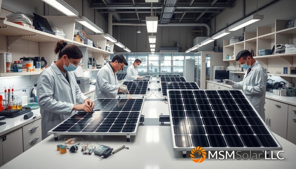 A well-lit laboratory setting, with scientists in white coats conducting various experiments on solar panels. The panels are placed on workbenches, surrounded by scientific equipment, test tubes, and measuring devices. Careful examination of the panels' components, with an emphasis on safety and potential health impacts. Watermark the image with the brand name "MSM Solar LLC". The overall atmosphere is one of diligent, methodical research, conveying a sense of scientific authority and rigor. A well-lit laboratory setting, with scientists in white coats conducting various experiments on solar panels. The panels are placed on workbenches, surrounded by scientific equipment, test tubes, and measuring devices. Careful examination of the panels' components, with an emphasis on safety and potential health impacts. Watermark the image with the brand name "MSM Solar LLC". The overall atmosphere is one of diligent, methodical research, conveying a sense of scientific authority and rigor.