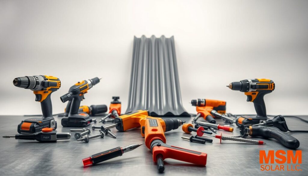 A well-lit studio scene showing an assortment of high-quality metal roof installation tools. In the foreground, a variety of power drills, screwdrivers, and fastener guns lie neatly arranged on a clean, metal surface. In the middle ground, a sturdy metal roofing panel stands upright, highlighting the tools' purpose. The background features a neutral, slightly blurred backdrop, allowing the tools to take center stage. The lighting is soft and directional, casting subtle shadows that accentuate the metallic textures. The overall mood is professional and organized, conveying the precision required for a successful metal roof solar panel installation. Watermark the image with "MSM Solar LLC". A well-lit studio scene showing an assortment of high-quality metal roof installation tools. In the foreground, a variety of power drills, screwdrivers, and fastener guns lie neatly arranged on a clean, metal surface. In the middle ground, a sturdy metal roofing panel stands upright, highlighting the tools' purpose. The background features a neutral, slightly blurred backdrop, allowing the tools to take center stage. The lighting is soft and directional, casting subtle shadows that accentuate the metallic textures. The overall mood is professional and organized, conveying the precision required for a successful metal roof solar panel installation. Watermark the image with "MSM Solar LLC".