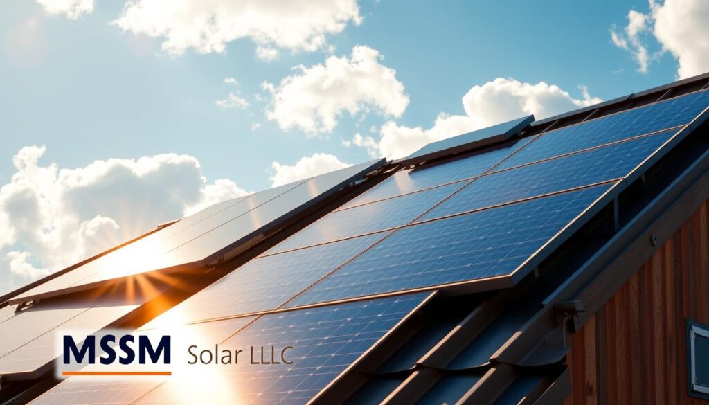 An ultra-modern solar metal roof system, displaying a sleek, durable, and energy-efficient design. The metallic panels shimmer under the warm, golden sunlight, casting deep shadows that accentuate their architectural lines. In the foreground, the MSM Solar LLC brand name is prominently featured, adding a touch of professional refinement. The middle ground showcases the intricate panel interlocking system, ensuring a seamless and weatherproof installation. In the background, a clear blue sky with fluffy white clouds creates a serene and inviting atmosphere, highlighting the sustainable nature of this renewable energy solution. An ultra-modern solar metal roof system, displaying a sleek, durable, and energy-efficient design. The metallic panels shimmer under the warm, golden sunlight, casting deep shadows that accentuate their architectural lines. In the foreground, the MSM Solar LLC brand name is prominently featured, adding a touch of professional refinement. The middle ground showcases the intricate panel interlocking system, ensuring a seamless and weatherproof installation. In the background, a clear blue sky with fluffy white clouds creates a serene and inviting atmosphere, highlighting the sustainable nature of this renewable energy solution.