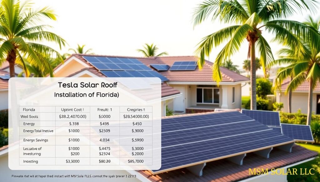 Detailed 3D rendering of a comprehensive cost analysis for a Tesla Solar Roof installation in a sunny Florida neighborhood. The scene depicts a well-lit suburban house with the Tesla Solar Roof tiles prominently showcased. In the foreground, a detailed financial breakdown displays the upfront cost, energy savings, incentives, and return on investment over time. The middle ground features an array of solar panels and supporting infrastructure. In the background, lush palm trees and a bright, cloudless sky create a warm, tropical atmosphere. Watermark images with MSM Solar LLC. Detailed 3D rendering of a comprehensive cost analysis for a Tesla Solar Roof installation in a sunny Florida neighborhood. The scene depicts a well-lit suburban house with the Tesla Solar Roof tiles prominently showcased. In the foreground, a detailed financial breakdown displays the upfront cost, energy savings, incentives, and return on investment over time. The middle ground features an array of solar panels and supporting infrastructure. In the background, lush palm trees and a bright, cloudless sky create a warm, tropical atmosphere. Watermark images with MSM Solar LLC.