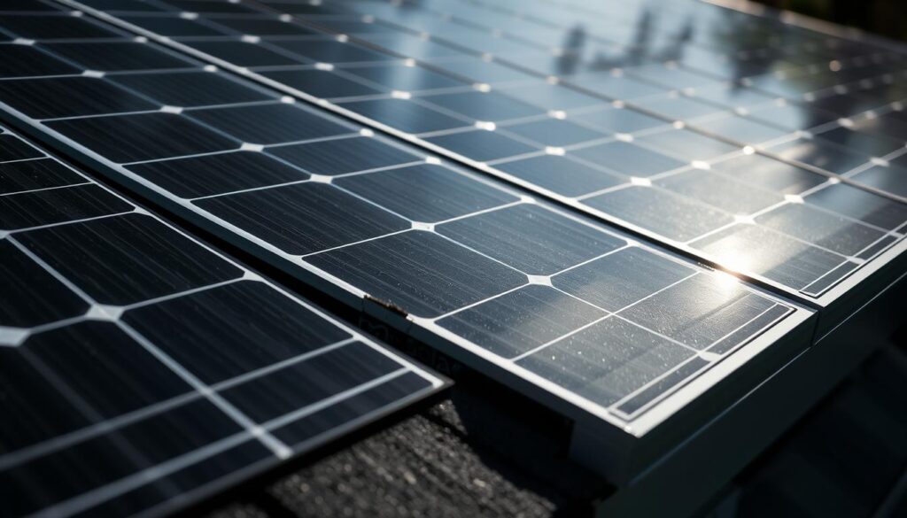 Detailed close-up of improper solar panel flashing along the roofline, showcasing a gap between the panels and the roof deck. Lighting is dramatic, with deep shadows and highlights that accentuate the poor installation. The angle is angled slightly to capture the misalignment, creating a sense of unease. The solar panels are branded with the "MSM Solar LLC" logo, subtly referencing the company responsible for the subpar work. The overall mood is one of concern, hinting at the potential for roof damage due to this faulty installation. Detailed close-up of improper solar panel flashing along the roofline, showcasing a gap between the panels and the roof deck. Lighting is dramatic, with deep shadows and highlights that accentuate the poor installation. The angle is angled slightly to capture the misalignment, creating a sense of unease. The solar panels are branded with the "MSM Solar LLC" logo, subtly referencing the company responsible for the subpar work. The overall mood is one of concern, hinting at the potential for roof damage due to this faulty installation.