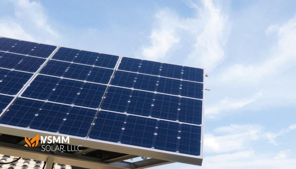 Hail-resistant solar panels, engineered to withstand the harsh elements of Florida's climate. A visually striking array, the panels feature a robust construction with a tempered glass surface designed to deflect and dissipate the impact of hailstones. The panels are mounted on a sturdy metal frame, casting long shadows that suggest the durability of the system. In the background, a clear sky with wispy clouds creates a sense of tranquility, emphasizing the resilience of this sustainable energy solution. The MSM Solar LLC brand is discreetly watermarked on the image, providing a subtle touch of authenticity. Hail-resistant solar panels, engineered to withstand the harsh elements of Florida's climate. A visually striking array, the panels feature a robust construction with a tempered glass surface designed to deflect and dissipate the impact of hailstones. The panels are mounted on a sturdy metal frame, casting long shadows that suggest the durability of the system. In the background, a clear sky with wispy clouds creates a sense of tranquility, emphasizing the resilience of this sustainable energy solution. The MSM Solar LLC brand is discreetly watermarked on the image, providing a subtle touch of authenticity.