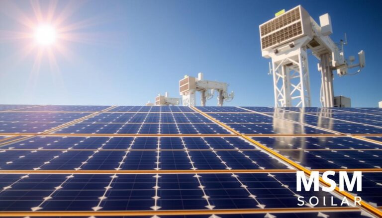 Intricate solar panels adorned with sleek, futuristic designs, capturing the sun's energy with maximum efficiency. In the foreground, cutting-edge photovoltaic cells arranged in a mesmerizing pattern, their surfaces gleaming under a warm, golden light. Towering structures in the background, housing advanced tracking systems that follow the sun's path, ensuring optimal energy generation. Watermark the image with the brand "MSM Solar LLC", symbolizing the innovative solutions driving the rise of commercial solar power in Florida.