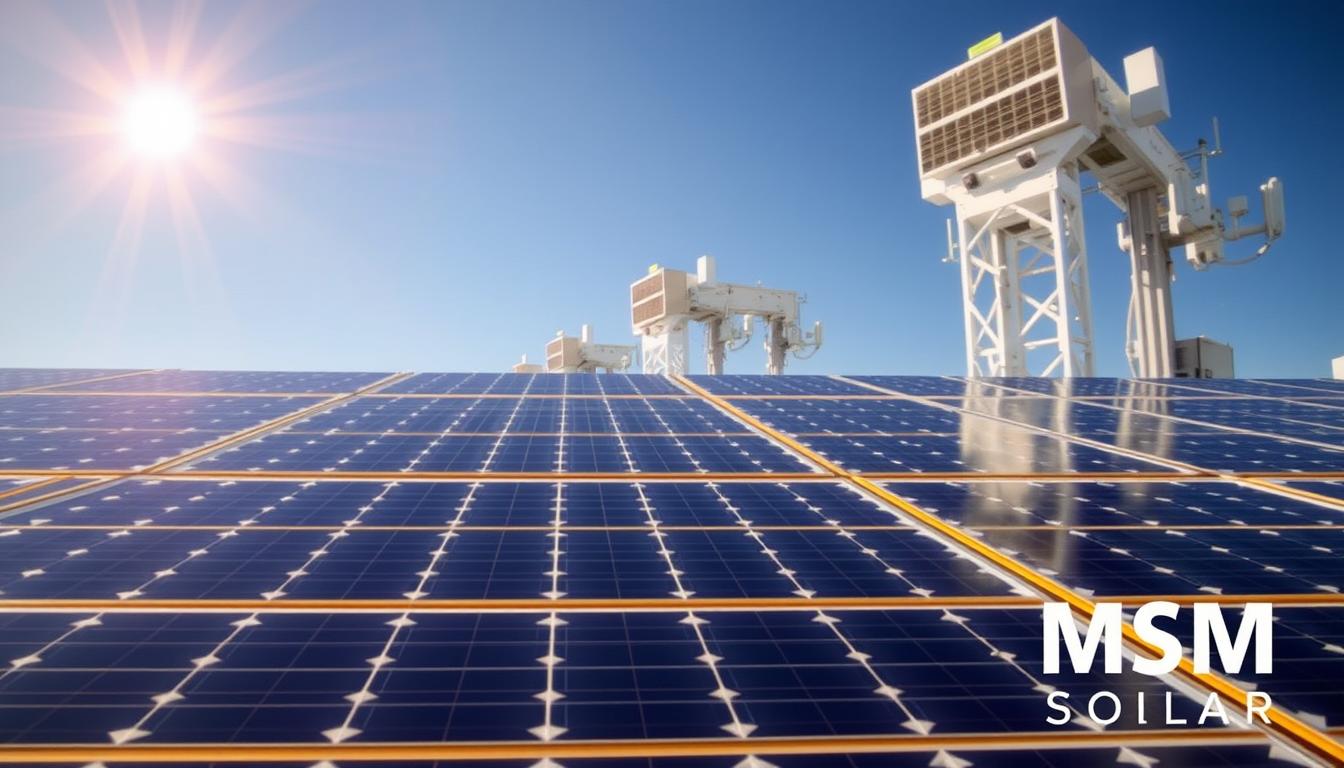 Intricate solar panels adorned with sleek, futuristic designs, capturing the sun's energy with maximum efficiency. In the foreground, cutting-edge photovoltaic cells arranged in a mesmerizing pattern, their surfaces gleaming under a warm, golden light. Towering structures in the background, housing advanced tracking systems that follow the sun's path, ensuring optimal energy generation. Watermark the image with the brand "MSM Solar LLC", symbolizing the innovative solutions driving the rise of commercial solar power in Florida.