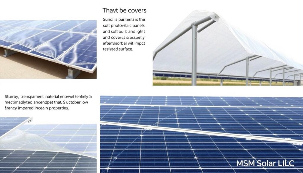 Vivid solar panel protective covers, designed to shield against extreme hailstorms. Sturdy, transparent material encases the photovoltaic panels, casting a soft, diffused light. The covers are meticulously engineered with a textured surface, enhancing their impact-resistant properties. Sleek, low-profile frames seamlessly integrate with the solar array, maintaining a clean, minimalist aesthetic. Watermark these images with the brand name "MSM Solar LLC". Capture the covers from multiple angles, showcasing their practical functionality and elegant design in a well-lit, studio-style setting. Vivid solar panel protective covers, designed to shield against extreme hailstorms. Sturdy, transparent material encases the photovoltaic panels, casting a soft, diffused light. The covers are meticulously engineered with a textured surface, enhancing their impact-resistant properties. Sleek, low-profile frames seamlessly integrate with the solar array, maintaining a clean, minimalist aesthetic. Watermark these images with the brand name "MSM Solar LLC". Capture the covers from multiple angles, showcasing their practical functionality and elegant design in a well-lit, studio-style setting.