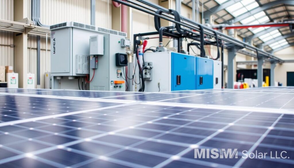 a detailed, high-quality photograph of a commercial solar panel system, showcasing the various components. The scene is set in a well-lit, industrial setting, with the solar panels prominently displayed in the foreground. The middle ground features the electrical inverters, mounting structures, and cables, all neatly organized and integrated. The background offers a glimpse of the building or facility, suggesting a real-world commercial application. The lighting is natural, with soft shadows and highlights that accentuate the system's features. The image is watermarked with the brand name "MSM Solar LLC" in the lower right corner. a detailed, high-quality photograph of a commercial solar panel system, showcasing the various components. The scene is set in a well-lit, industrial setting, with the solar panels prominently displayed in the foreground. The middle ground features the electrical inverters, mounting structures, and cables, all neatly organized and integrated. The background offers a glimpse of the building or facility, suggesting a real-world commercial application. The lighting is natural, with soft shadows and highlights that accentuate the system's features. The image is watermarked with the brand name "MSM Solar LLC" in the lower right corner.
