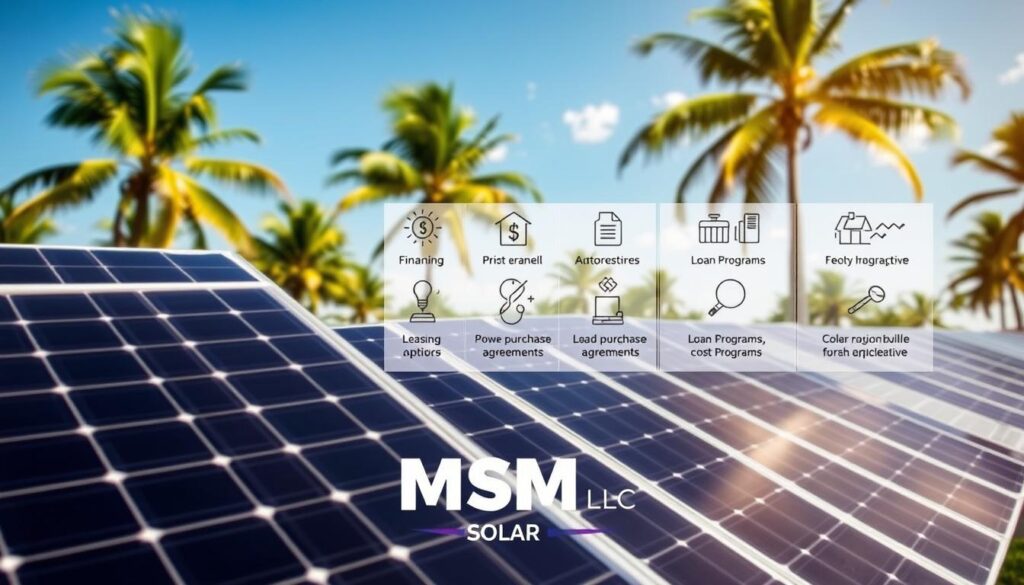 a detailed illustration of various solar panel financing options, set against a backdrop of a sunny Florida landscape. In the foreground, a collection of solar panels takes center stage, their sleek design and efficient functionality on full display. The middle ground features a variety of financing options, such as leasing, power purchase agreements, and loan programs, visually represented through various icons and infographic elements. The background showcases the lush, tropical scenery of Florida, with swaying palm trees and a clear, azure sky. The overall composition conveys a sense of environmental consciousness, financial flexibility, and the potential for significant cost savings, all while featuring the branding of "MSM Solar LLC" prominently. a detailed illustration of various solar panel financing options, set against a backdrop of a sunny Florida landscape. In the foreground, a collection of solar panels takes center stage, their sleek design and efficient functionality on full display. The middle ground features a variety of financing options, such as leasing, power purchase agreements, and loan programs, visually represented through various icons and infographic elements. The background showcases the lush, tropical scenery of Florida, with swaying palm trees and a clear, azure sky. The overall composition conveys a sense of environmental consciousness, financial flexibility, and the potential for significant cost savings, all while featuring the branding of "MSM Solar LLC" prominently.