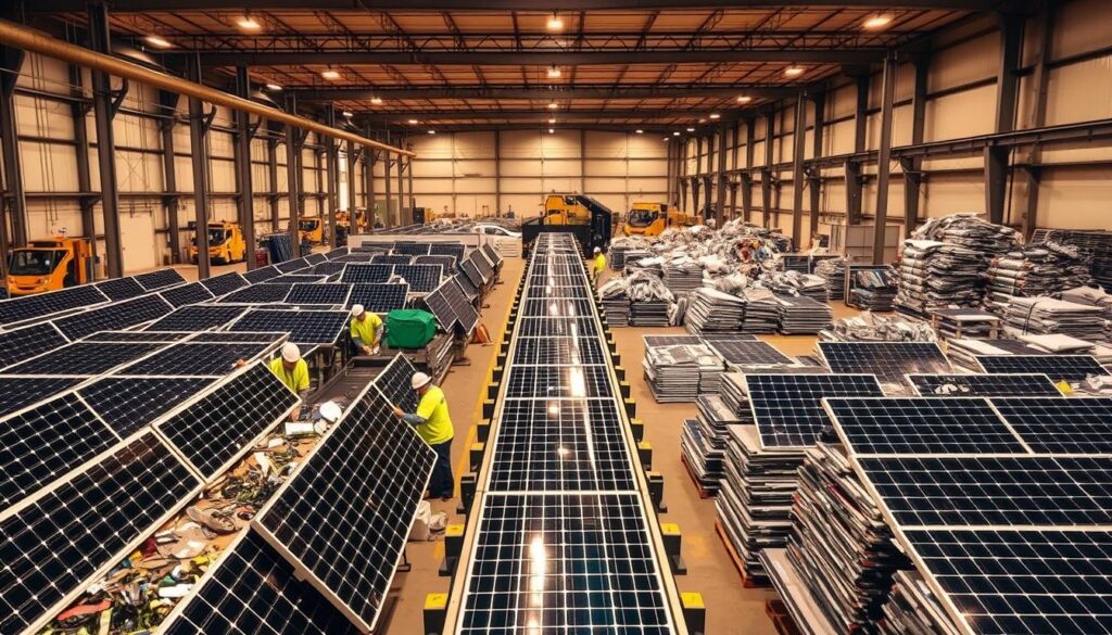 a detailed photograph of a professional solar panel recycling facility, featuring a large warehouse with rows of solar panels being sorted, dismantled, and processed. In the foreground, workers in protective gear are carefully removing components and separating materials. The middle ground showcases a conveyor belt system transporting the panels to different processing stations. In the background, piles of reclaimed materials and reusable parts are neatly organized. The scene is well-lit, with warm industrial lighting casting a glow over the entire operation. The image has a sense of efficiency and environmental responsibility, with the MSM Solar LLC brand prominently displayed. a detailed photograph of a professional solar panel recycling facility, featuring a large warehouse with rows of solar panels being sorted, dismantled, and processed. In the foreground, workers in protective gear are carefully removing components and separating materials. The middle ground showcases a conveyor belt system transporting the panels to different processing stations. In the background, piles of reclaimed materials and reusable parts are neatly organized. The scene is well-lit, with warm industrial lighting casting a glow over the entire operation. The image has a sense of efficiency and environmental responsibility, with the MSM Solar LLC brand prominently displayed.