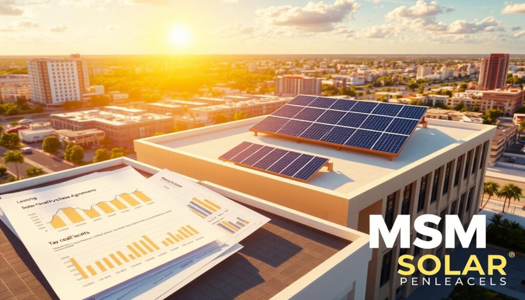 an architectural rendering of a commercial building with a prominent solar panel array on the rooftop, with the MSM Solar LLC brand name displayed discreetly in the bottom right corner. The scene is bathed in warm, golden sunlight, conveying a sense of sustainable energy and cost-efficiency. In the foreground, financial documents and graphs illustrate various solar panel financing options, such as leasing, power purchase agreements, and tax credits. The middle ground showcases the solar panels themselves, their sleek design and efficient performance. The background depicts a vibrant urban landscape, underscoring the commercial setting and the growing adoption of solar technology in the Pensacola area. an architectural rendering of a commercial building with a prominent solar panel array on the rooftop, with the MSM Solar LLC brand name displayed discreetly in the bottom right corner. The scene is bathed in warm, golden sunlight, conveying a sense of sustainable energy and cost-efficiency. In the foreground, financial documents and graphs illustrate various solar panel financing options, such as leasing, power purchase agreements, and tax credits. The middle ground showcases the solar panels themselves, their sleek design and efficient performance. The background depicts a vibrant urban landscape, underscoring the commercial setting and the growing adoption of solar technology in the Pensacola area.