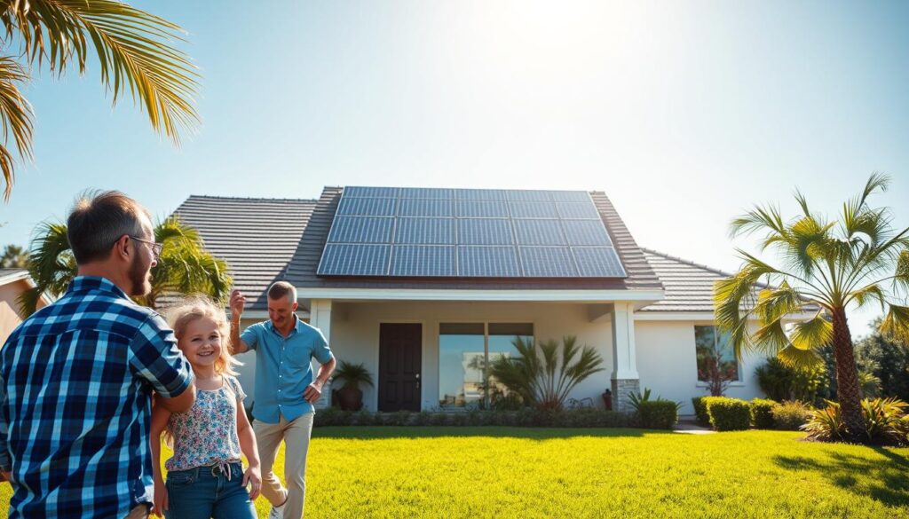 A bright and modern home, powered by the renewable energy of MSM Solar LLC's sleek solar panels. The sun's rays shine down on the rooftop, casting a warm glow over the well-manicured lawn and lush greenery. In the foreground, a happy family enjoys the benefits of clean, affordable energy, with a sense of pride and environmental responsibility. The middle ground showcases the efficient, low-profile solar installation, seamlessly integrated into the home's architecture. The background features a clear, blue sky, symbolizing the limitless potential of sustainable energy solutions. This image captures the essence of Navarre Solar Panels: a local, reliable, and cost-effective energy solution for homeowners.