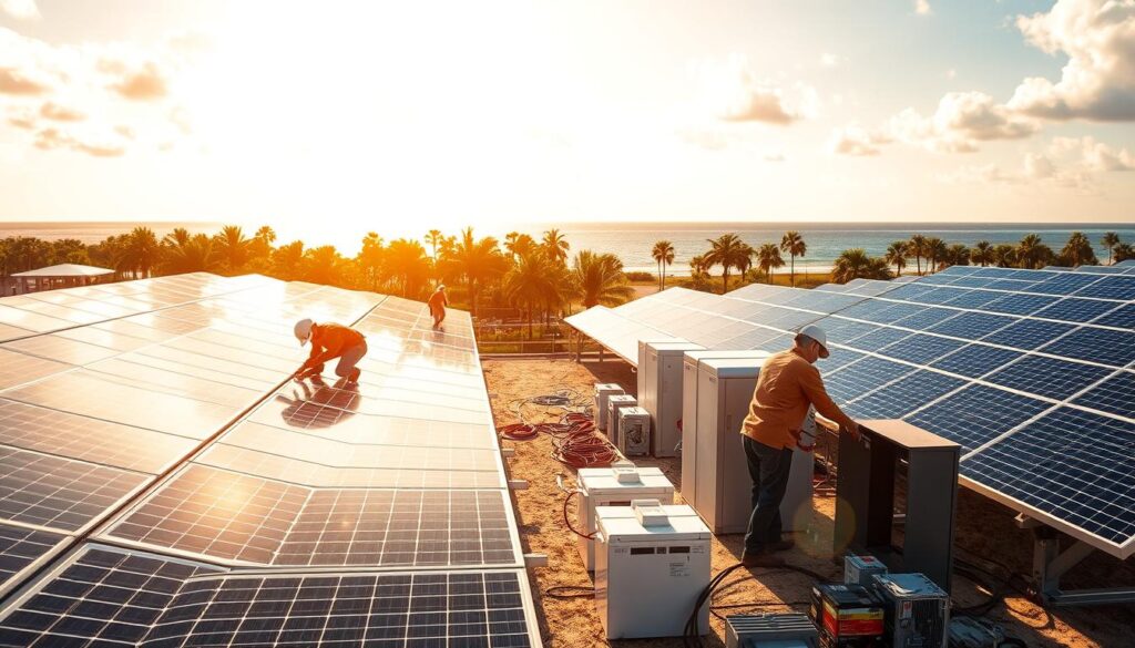 A bustling solar installation site in the heart of Pensacola, Florida. In the foreground, skilled technicians meticulously install gleaming MSM Solar LLC solar panels, their movements precise and efficient. The middle ground showcases state-of-the-art battery storage solutions, neatly arranged and ready to harness the abundant Floridian sunshine. In the background, the vibrant coastal landscape comes into view, with swaying palm trees and a clear blue sky overhead, illuminated by the warm, golden light of the midday sun. The scene exudes a sense of progress and innovation, capturing the essence of Pensacola's embrace of renewable energy solutions.