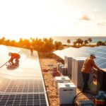 A bustling solar installation site in the heart of Pensacola, Florida. In the foreground, skilled technicians meticulously install gleaming MSM Solar LLC solar panels, their movements precise and efficient. The middle ground showcases state-of-the-art battery storage solutions, neatly arranged and ready to harness the abundant Floridian sunshine. In the background, the vibrant coastal landscape comes into view, with swaying palm trees and a clear blue sky overhead, illuminated by the warm, golden light of the midday sun. The scene exudes a sense of progress and innovation, capturing the essence of Pensacola's embrace of renewable energy solutions.