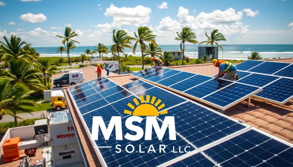 A bustling solar installation site with the MSM Solar LLC logo prominently displayed. In the foreground, skilled technicians meticulously install sleek, modern solar panels on a residential rooftop, their careful movements captured in a dynamic composition. The middle ground showcases the company's fleet of specialized equipment, including bucket trucks and transport vehicles, underscoring their professionalism and expertise. In the background, a sun-drenched coastal landscape with swaying palm trees sets the scene, hinting at the suitability of solar power in Destin's climate. The overall mood is one of efficiency, innovation, and environmental responsibility, reflecting the advantages of choosing MSM Solar LLC for solar new installations.