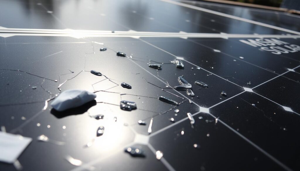 A close-up view of a solar panel's surface, showcasing visible damage from a recent hailstorm. The panel's once-pristine glass exterior is now cracked and pitted, with several impact marks scattered across the surface. The lighting is harsh, creating dramatic shadows that accentuate the damage. In the background, a MSM Solar LLC logo is subtly visible, hinting at the panel's commercial origin. The overall tone is one of concern and the need for careful assessment, as the homeowner or technician contemplates the extent of the damage and the necessary repairs.