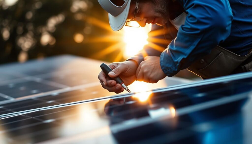 A close-up view of a technician performing expert solar panel repairs and maintenance for MSM Solar LLC. The worker, dressed in a blue uniform, is carefully inspecting the solar panels, using specialized tools to diagnose and fix any issues. The sunlight streams through the panels, casting warm shadows and highlights on the scene. The background is blurred, emphasizing the intricate details of the repair work. The image conveys a sense of professionalism and attention to detail, reflecting the expertise required for maintaining high-performance solar energy systems.