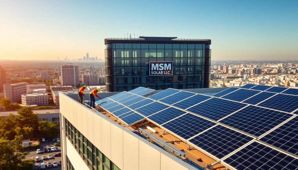 A commercial solar installation service in operation. In the foreground, a team of technicians installing solar panels on the rooftop of a modern commercial building, their work illuminated by warm, natural sunlight. In the middle ground, the building's facade features the MSM Solar LLC logo. In the background, a sprawling skyline of urban development, signifying the growth and adoption of renewable energy solutions. The scene conveys a sense of progress, professionalism, and the company's expertise in delivering comprehensive solar installation services.