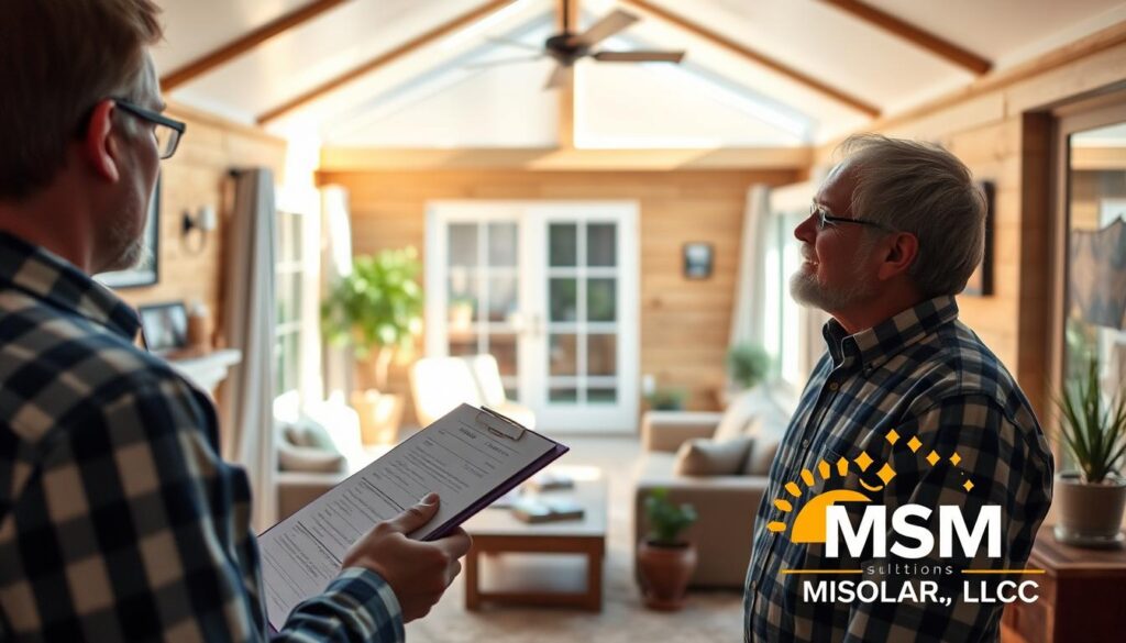 A cozy home interior, bathed in warm, natural lighting, the focal point a professional energy evaluation in progress. In the foreground, an energy auditor examines the home's insulation and heating systems, clipboard in hand. Midground reveals a living room with ergonomic furniture and potted plants, suggesting a sustainable, eco-friendly lifestyle. The background showcases the home's exterior, with the MSM Solar LLC logo prominently displayed, hinting at the optimal solar solution for this abode. An atmosphere of thoughtful consideration and commitment to energy efficiency pervades the scene.